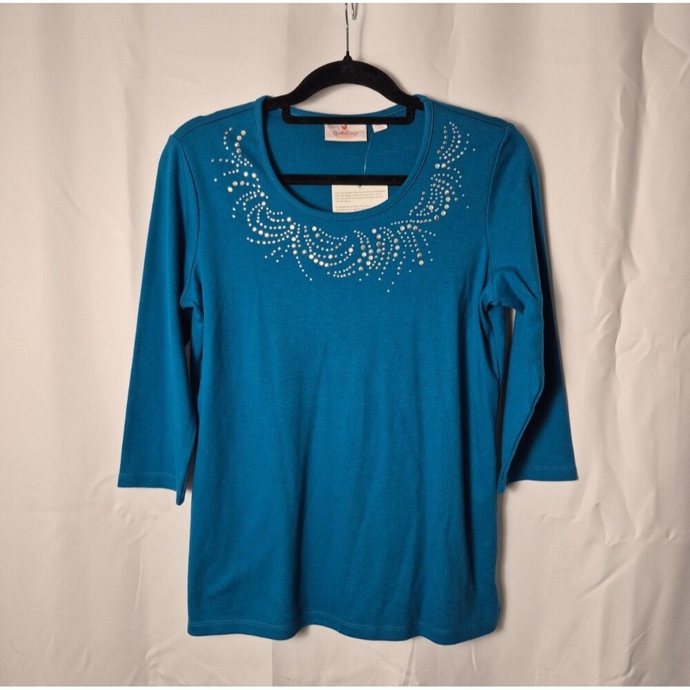 NWT Quacker Factory Womens Size S Turquoise Rhinestone Embellished Top